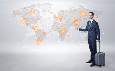 Businessman in dark suit hitchhike to business trip in a front of a map with destination