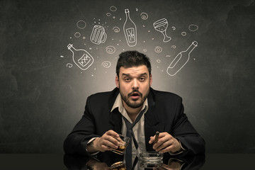 Drunk down and out man with doodle alcohol bottles concept
