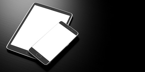 Smartphone and tablet with blank white screens on black background, copy space. 3d illustration