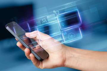 Hand using  phone with database reports and online work concept
