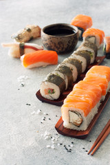 Close up Sushi Set, Soy Sauce, Ginger and Chopstiks