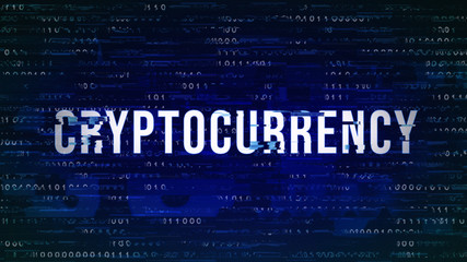 Cryptocurrency - Glitched Title with Digital Binary Code on Dark Blue