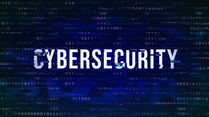 CyberSecurity - Glitched Title with Digital Binary Code on Dark Blue