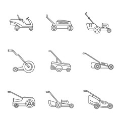 Lawnmower grass garden icons set. Outline illustration of 9 lawnmower grass garden vector icons for web