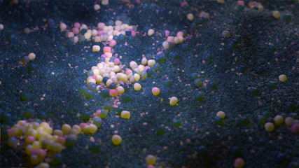 3d render abstract background.  Close up of random small sphere like element with organic material of surface. Microbe colony concept..