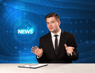 Modern televison presenter telling the news with tehnology background concept