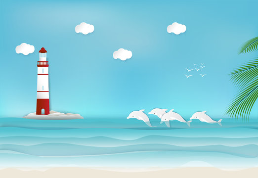 Lighthouse and Dolphin in the sea background paper art, paper craft style illustration