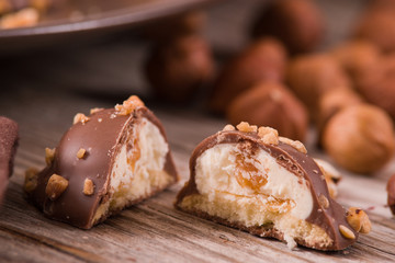 Chocolate truffles with caramel cream filling. 