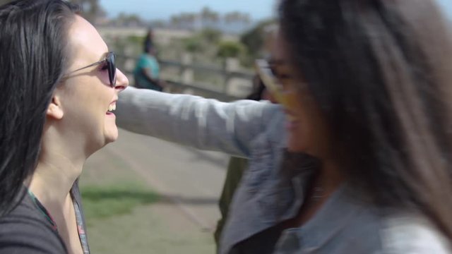 Group Of Happy Girlfriends Hug And Greet Each Other At A Park, Santa Monica Pier In Background - Shot On Red Scarlet-W Dragon In 4K, Slow Motion