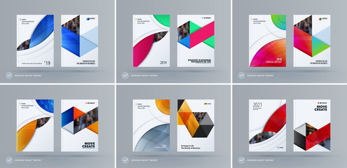 Brochure design round template. Colourful modern abstract set, annual report with circle for branding.