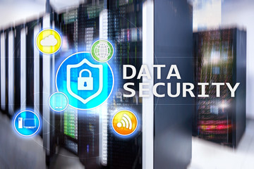 Data security, cyber crime prevention, Digital information protection. Lock icons and server room background.