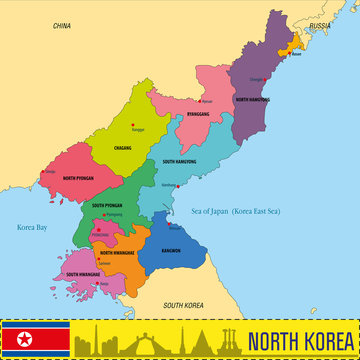 North Korea map with regions and their capitals