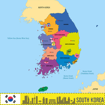 Shouth Korea map with regions and their capitals