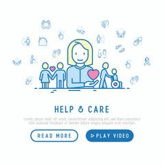 Help and care concept with thin line icons: symbols of support, help for children and disabled, togetherness, philanthropy and donation. Vector illustration, web page template.