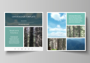 Templates for square design brochure, magazine, flyer, booklet or annual report. Leaflet cover, abstract vector layout. Colorful background, travel business, natural landscape in polygonal style.