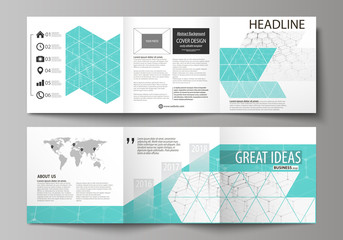 Set of business templates for tri fold square design brochures. Leaflet cover, abstract vector layout. Chemistry pattern, hexagonal molecule structure on blue. Medicine, science and technology concept