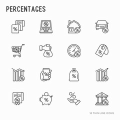 Percentages concept with thin line icons set: loan, credit, offer, interest rate, sale, discount, percentage graph of growth or fall, leasing, on screen of smartphone. Modern vector illustration.