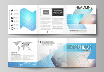 The minimalistic vector illustration of the editable layout. Two modern creative covers design templates for square brochure or flyer. Molecule structure. Science, technology concept. Polygonal design