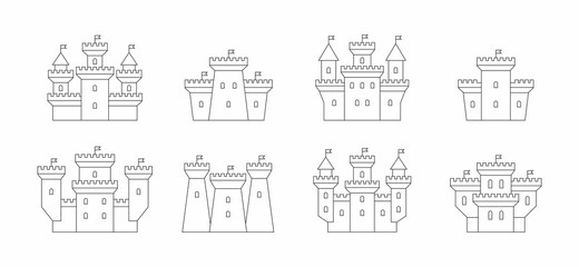 Fototapeta premium castles and fortresses icons set. thin line style. isolated on white background