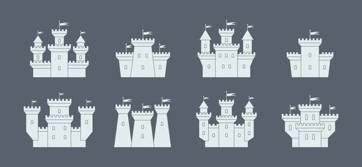 castles and fortresses icons set. white silhouettes. isolated on black background