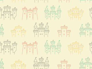 Seamless pattern with Colorful castles and fortresses. thin line style. isolated on beige background