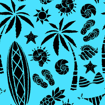 Seamless pattern with sun, palm tree, surfboards, pineapple, flip flop sandals, sea shell, bikini, swimsuits, starfish