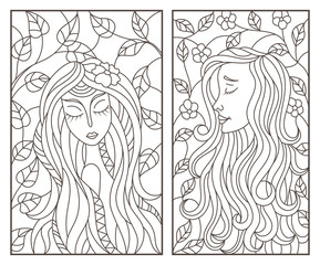 Set of contour illustrations of stained glass Windows with abstract girls on the background of tree branches, dark contours on a white background