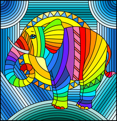 Illustration in stained glass style elephant abstract rainbow geometric background with sun