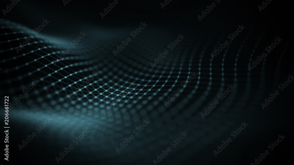 Poster Data technology illustration. Abstract futuristic background. Wave with connecting dots and lines on dark background. Wave of particles.