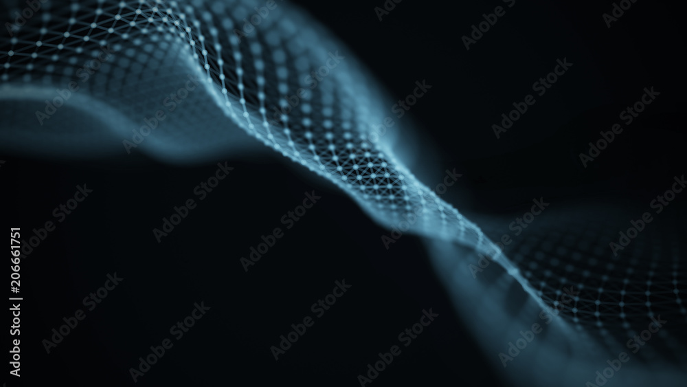 Poster Data technology illustration. Abstract futuristic background. Wave with connecting dots and lines on dark background. Wave of particles.