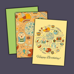 Happy birthday vector greeting card with abstract doodle birds and flowers.