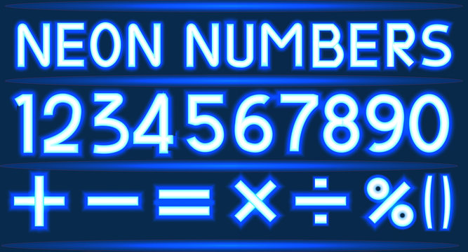 Blue neon font: letters,characters and numbers.