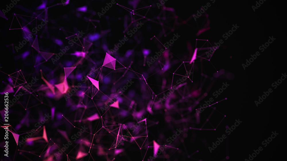 Poster Music colorful abstract background. Plexus effect. Particles background with connecting dots and lines.