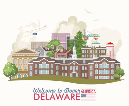 Delaware vector illustration with colorful detailed landscapes in modern flat design