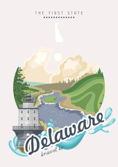 Delaware vector illustration with colorful detailed landscapes in modern flat design