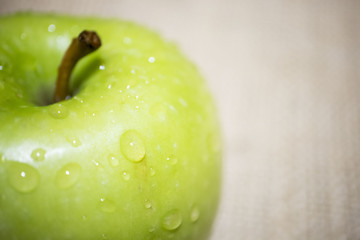 Macro of freshly picked green apples with water droplets.