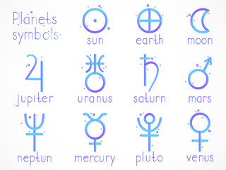 Vector set of astrological planets symbol with imitation 3d effect on white background. Signs collection: sun, earth, moon, saturn, uranus, neptune, jupiter, venus, mars, pluto, mercury. © nadezhdash