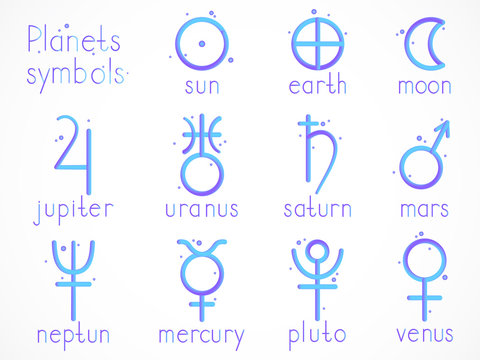 Vector set of astrological planets symbol with imitation 3d effect on white background. Signs collection: sun, earth, moon, saturn, uranus, neptune, jupiter, venus, mars, pluto, mercury.