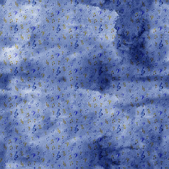 Watercolor texture splash music pattern. Seamless notes background