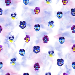 Seamless pattern with pansy flowers and leaves. Watercolor illustration. Summer background