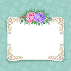 Invitation or greeting card template with roses in retro style. Vector Illustration