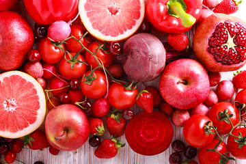 Red color assorted vegetables and fruits