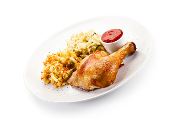 Roast chicken leg and vegetables