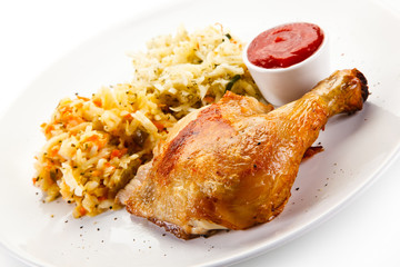 Roast chicken leg and vegetables