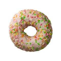 Delicious donut with colorful sprinkles isolated on white background