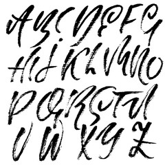Grunge distress font. Modern dry brush ink letters. Handwritten alphabet. Vector illustration.
