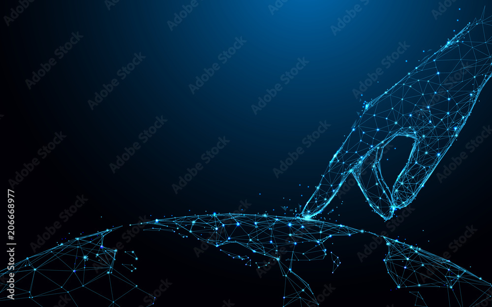 Fototapete hand touch global map form lines and triangles, point connecting network on blue background. illustr