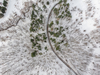 Aerial drone view on winter road