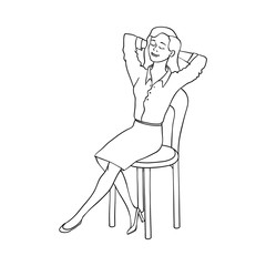 Young slim woman sitting at chair smiling having rest, relaxing after work or education. Sketch pretty girl resting in comfortable cozy furniture. Vector monochrome isolated illustration