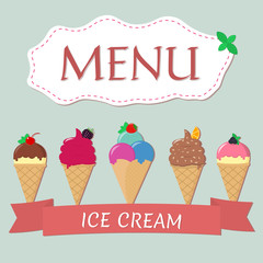 A set of five different ice cream with red ribbon for menu design.